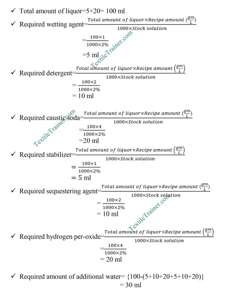 Scouring and bleaching recipe calculation
