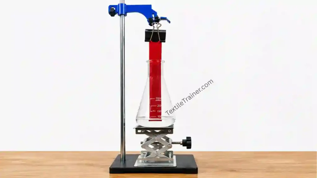 Specimen prepared for vertical wicking testing in an Erlenmeyer flask